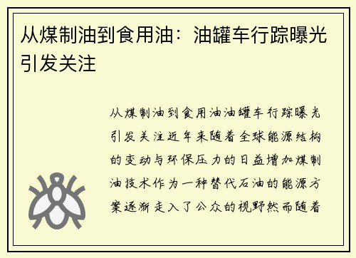 从煤制油到食用油：油罐车行踪曝光引发关注