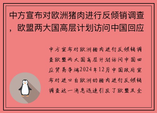 中方宣布对欧洲猪肉进行反倾销调查，欧盟两大国高层计划访问中国回应贸易争端