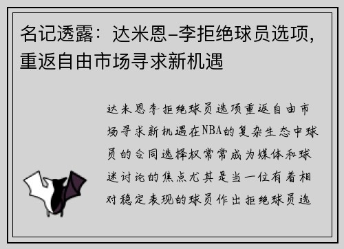 名记透露：达米恩-李拒绝球员选项，重返自由市场寻求新机遇