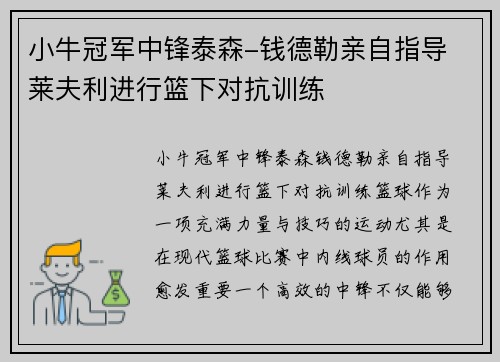小牛冠军中锋泰森-钱德勒亲自指导 莱夫利进行篮下对抗训练