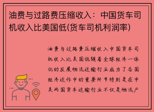 油费与过路费压缩收入：中国货车司机收入比美国低(货车司机利润率)