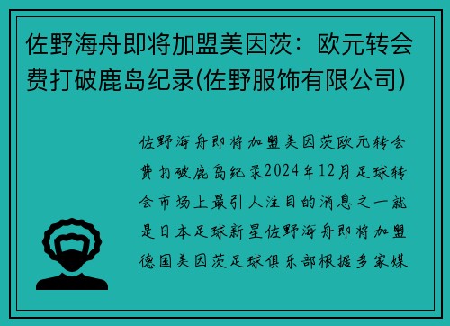 佐野海舟即将加盟美因茨：欧元转会费打破鹿岛纪录(佐野服饰有限公司)