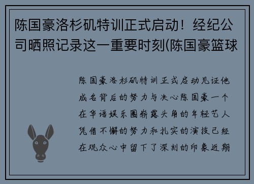 陈国豪洛杉矶特训正式启动！经纪公司晒照记录这一重要时刻(陈国豪篮球个人简介)