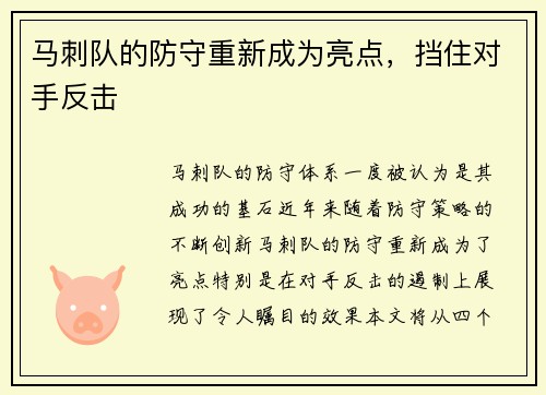 马刺队的防守重新成为亮点，挡住对手反击