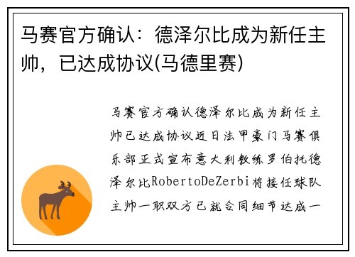马赛官方确认：德泽尔比成为新任主帅，已达成协议(马德里赛)