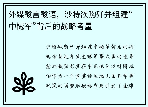 外媒酸言酸语，沙特欲购歼并组建“中械军”背后的战略考量