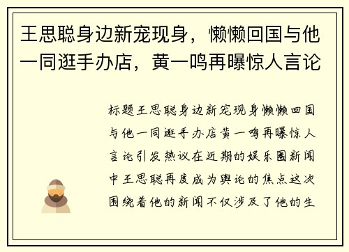 王思聪身边新宠现身，懒懒回国与他一同逛手办店，黄一鸣再曝惊人言论引发热议