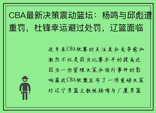 CBA最新决策震动篮坛：杨鸣与邱彪遭重罚，杜锋幸运避过处罚，辽篮面临困境