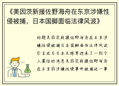 《美因茨新援佐野海舟在东京涉嫌性侵被捕，日本国脚面临法律风波》